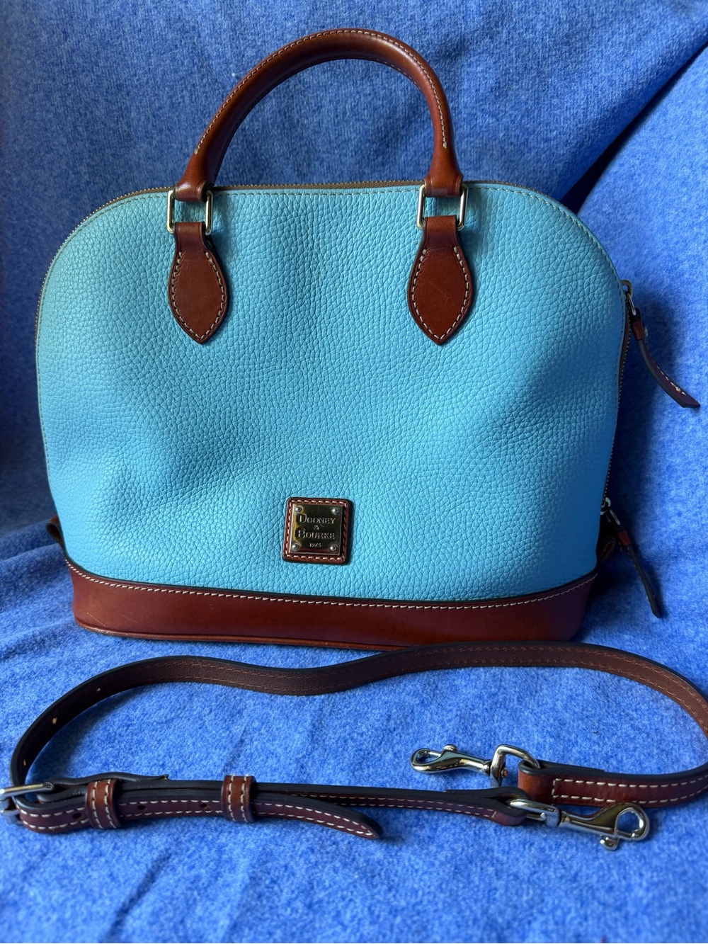 Dooney & Bourke Aqua Pebbled Leather Satchel with Brown Trim